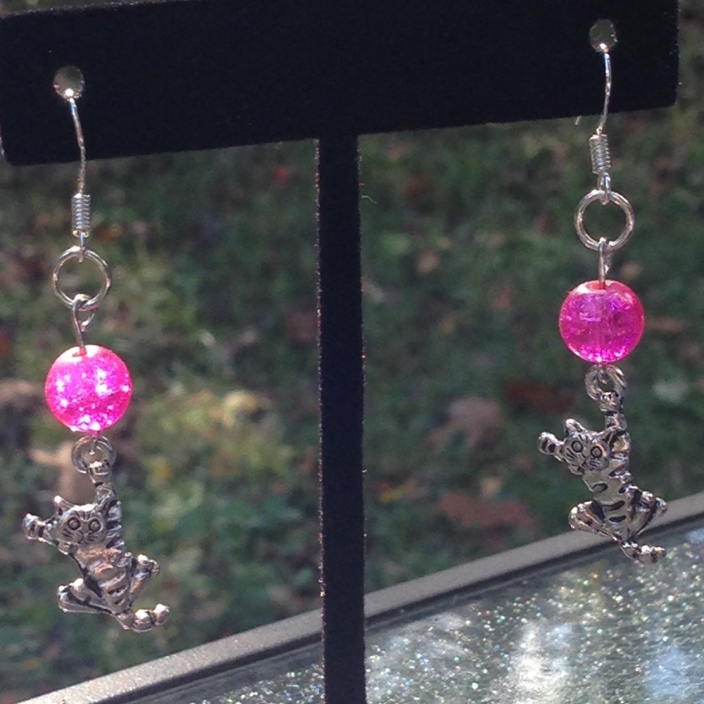 Pink Sparkly Glass Kitty Cat Earrings - Picture 6 of 6